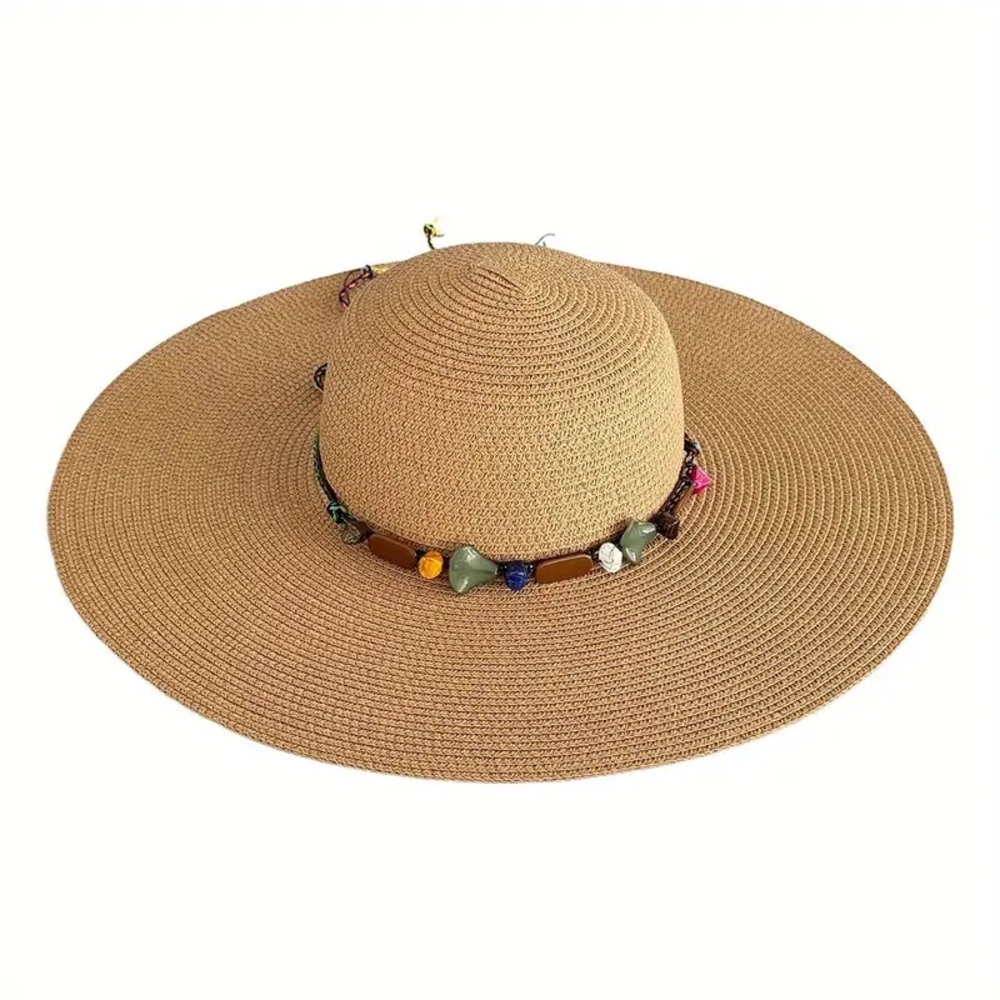 Bohemian Large straw hat with beading detailing with chin strap and bow tie - Picture 2 of 15